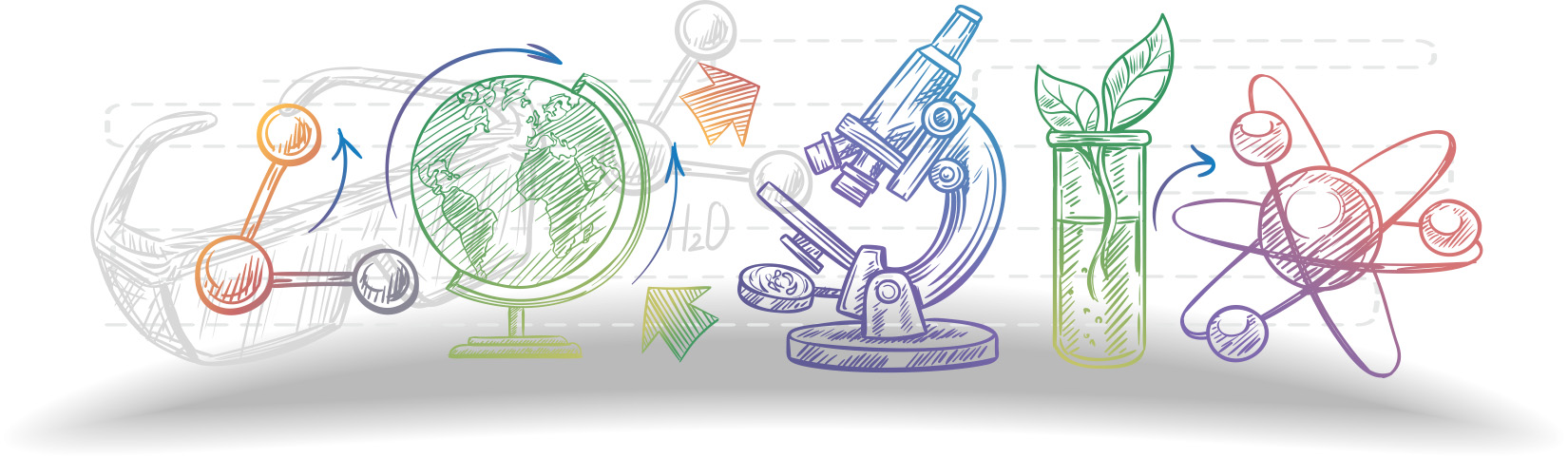 Illustration colorée représentant divers domaines des sciences dures : chimie, sciences de la Terre, biologie, botanique et physique atomique.