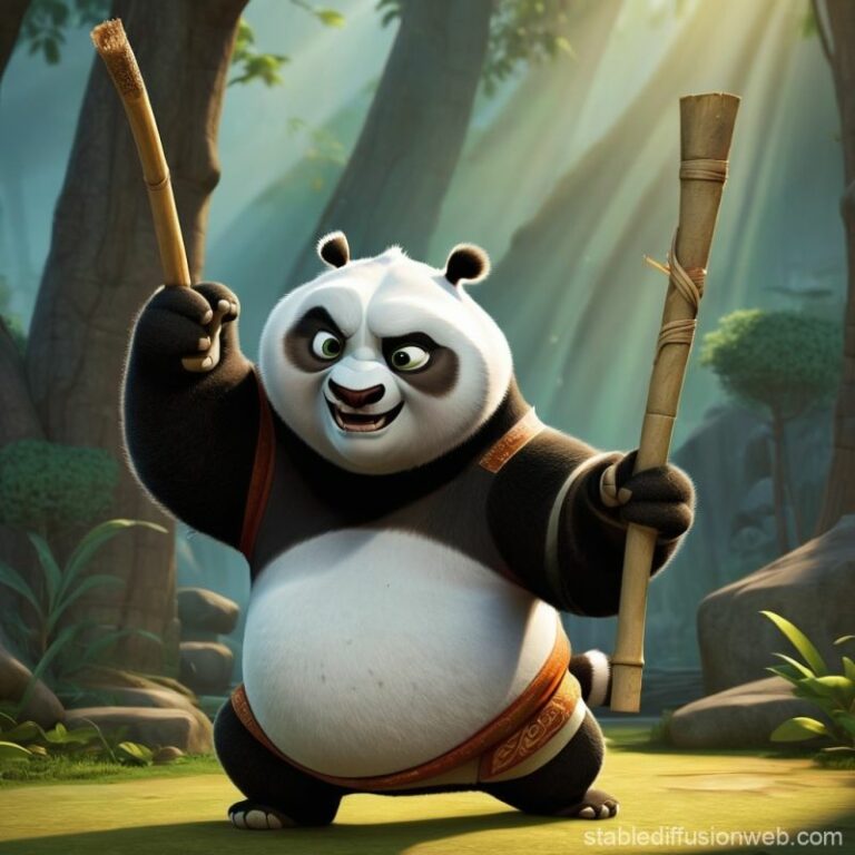 Le personnage de Kung Fu Panda tenant deux bâtons dans une posture de combat dans une forêt.