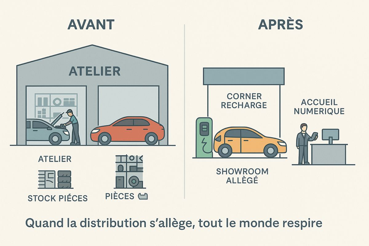 Schéma comparatif d’un atelier automobile avant et après la transition vers un modèle électrique et allégé