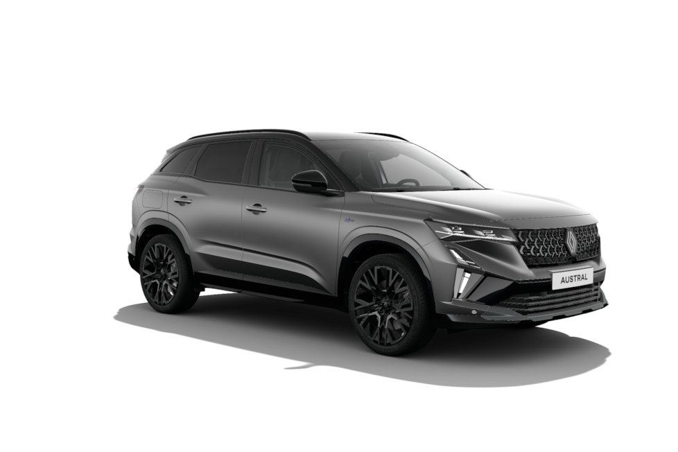 SUV Renault Austral E-Tech hybride rechargeable gris, vue avant trois-quarts.