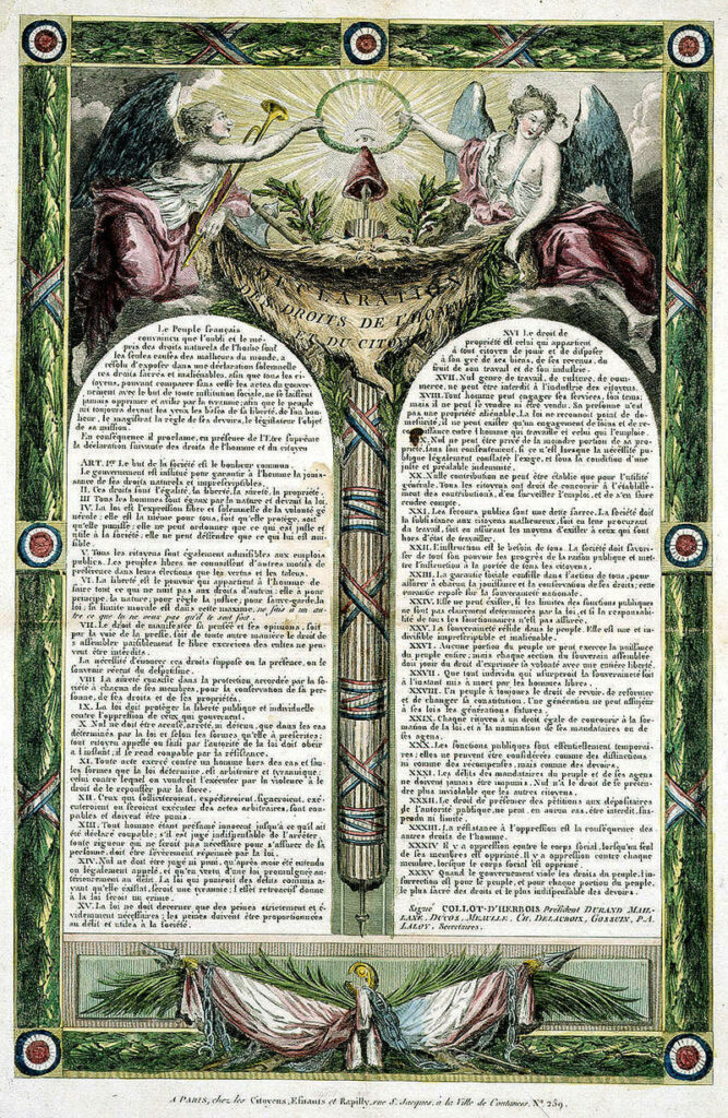 Déclaration des Droits de l’Homme et du Citoyen de 1793, document illustré avec anges, faisceau républicain et symboles révolutionnaires.
