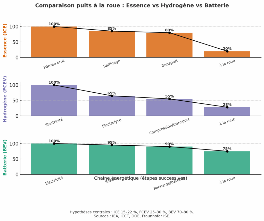 Schéma comparatif du rendement puits à la roue entre essence, hydrogène et batterie électrique.