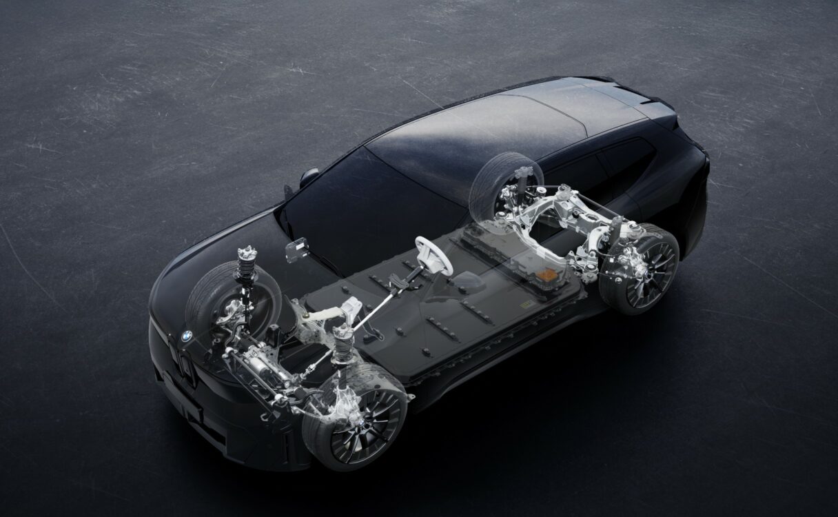 Vue technique de la plateforme Neue Klasse iX3 avec batterie au plancher et suspensions avant/arrière