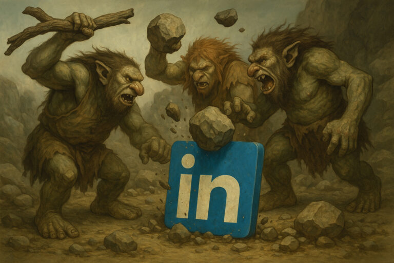 Illustration humoristique représentant trois trolls de fantasy qui attaquent violemment un logo LinkedIn, symbolisant les commentaires absurdes et les trolls sur le réseau.
