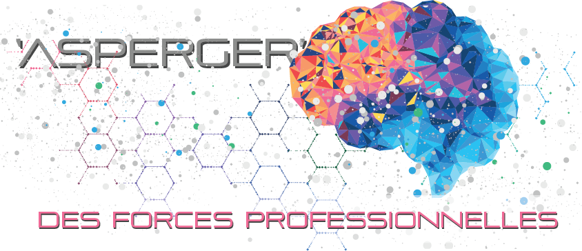 Cerveau stylisé coloré avec structure hexagonale et double titre : ‘Asperger – des forces professionnelles’