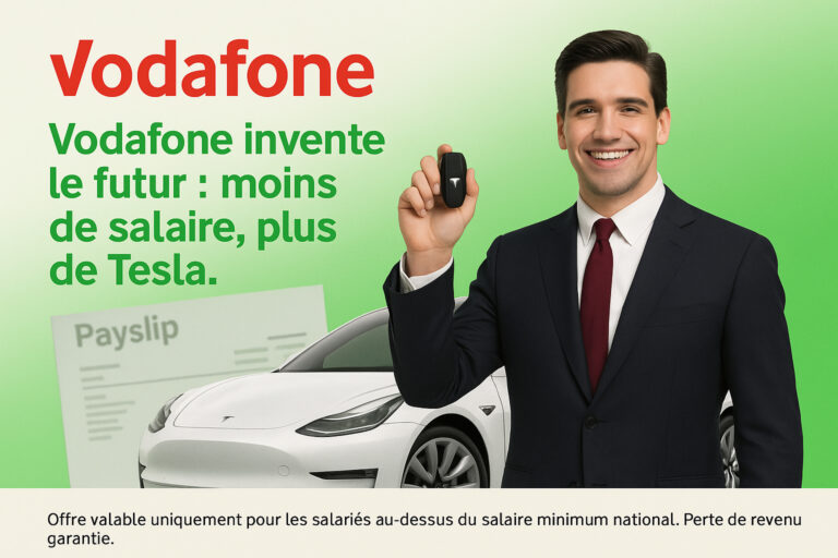 Affiche satirique Vodafone avec slogan « moins de salaire, plus de Tesla », un salarié souriant en costard devant une Tesla et une fiche de paie effacée.