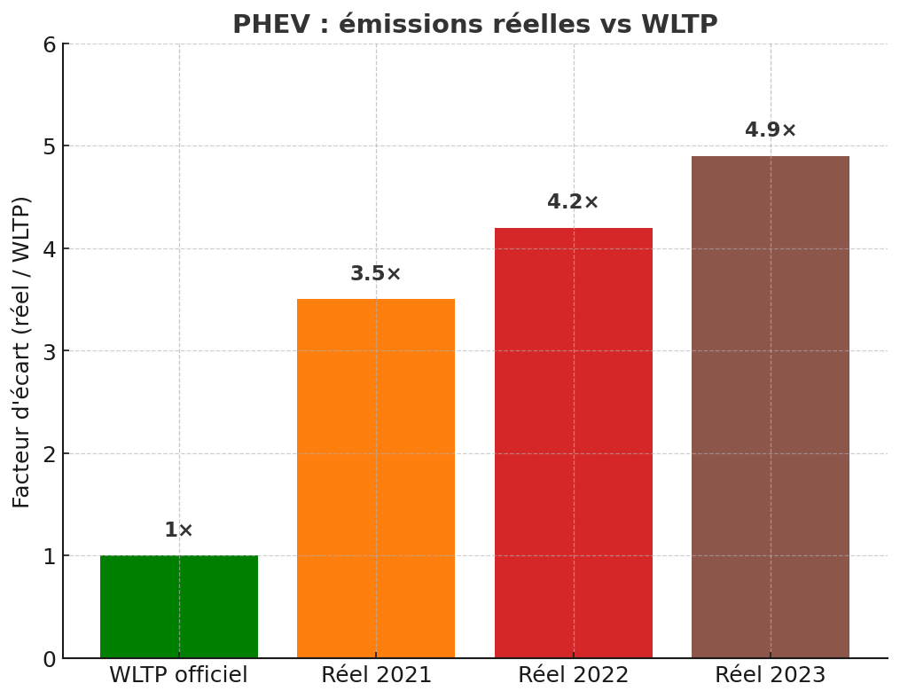 Graphique comparatif montrant l’écart entre émissions WLTP et réelles des PHEV, de 1× à 4,9× entre 2021 et 2023