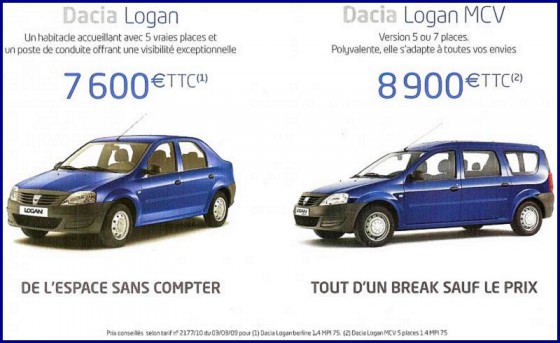 Publicité Dacia Logan et Logan MCV, avec les slogans « De l’espace sans compter » et « Tout d’un break sauf le prix ».
