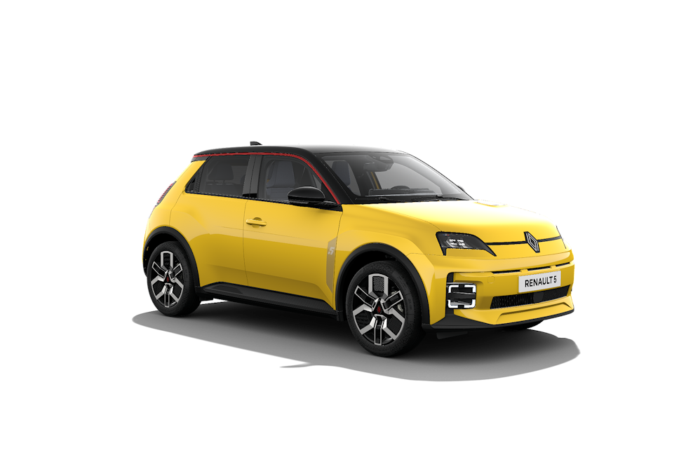 Renault 5 E-Tech électrique, citadine compacte jaune 100 % électrique.