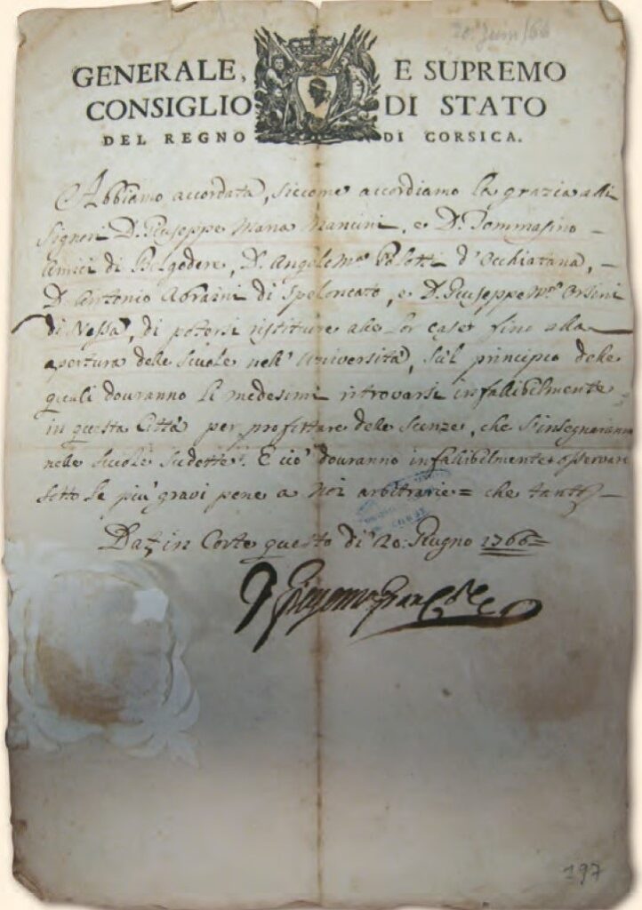 Document officiel signé par Pasquale Paoli, émis par le Conseil d’État du Royaume de Corse en 1766.