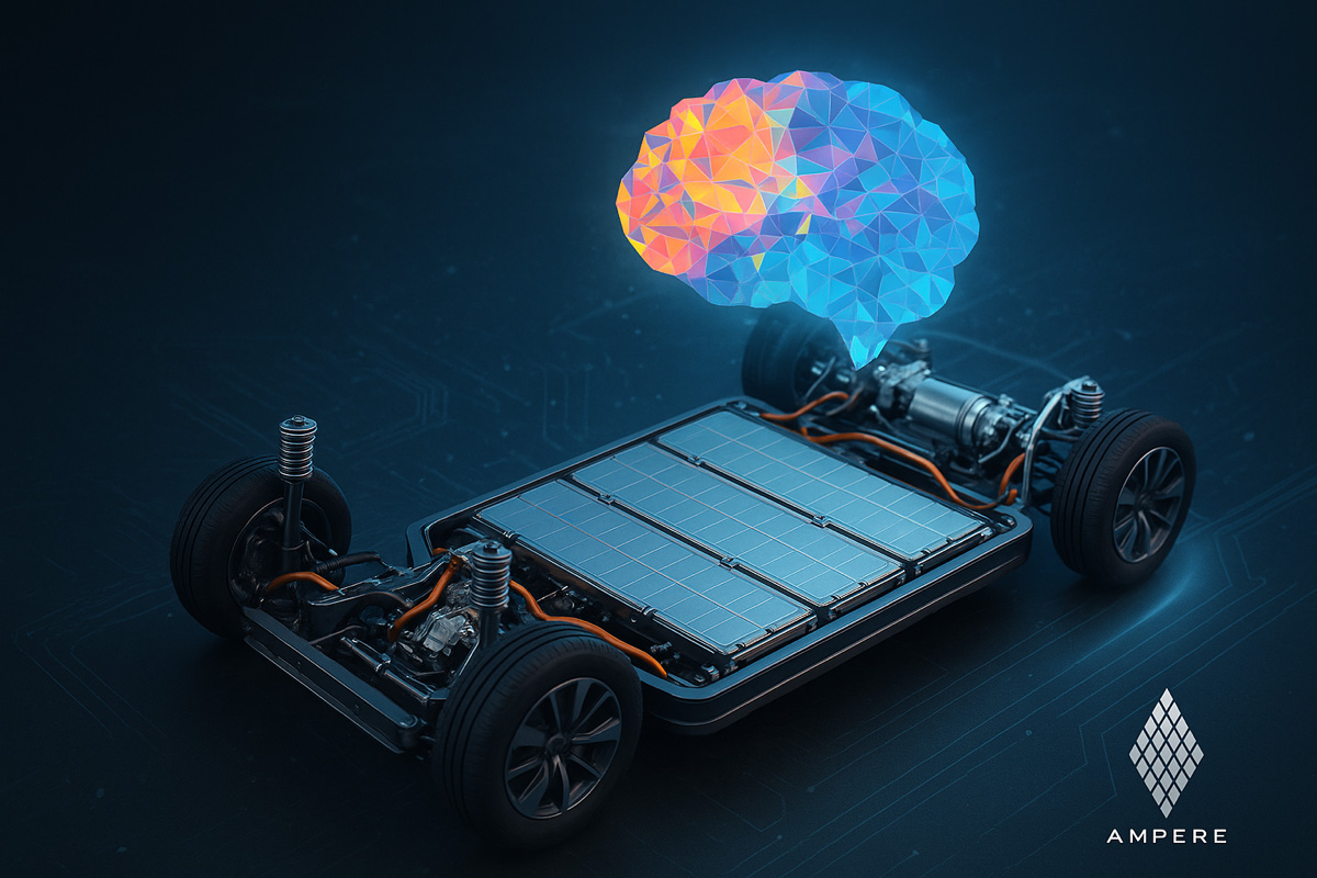 Plateforme de véhicule électrique Ampere, survolée par un cerveau stylisé – symbole de souveraineté cognitive et d’innovation sans cobalt.