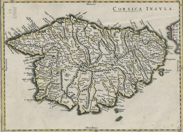 Carte ancienne de la Corse au XVIIIᵉ siècle, montrant le territoire de la République corse de Pasquale Paoli.
