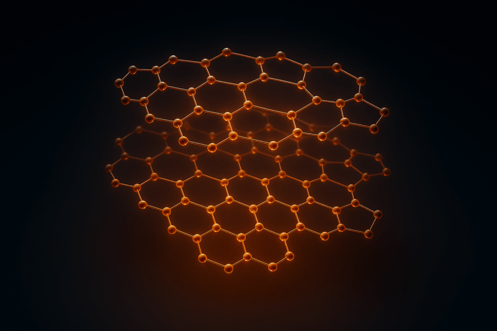 Structure moléculaire du graphite, formée de réseaux hexagonaux d’atomes de carbone empilés, illustrée sur fond sombre avec reflets cuivrés pour évoquer la matière première des batteries.
