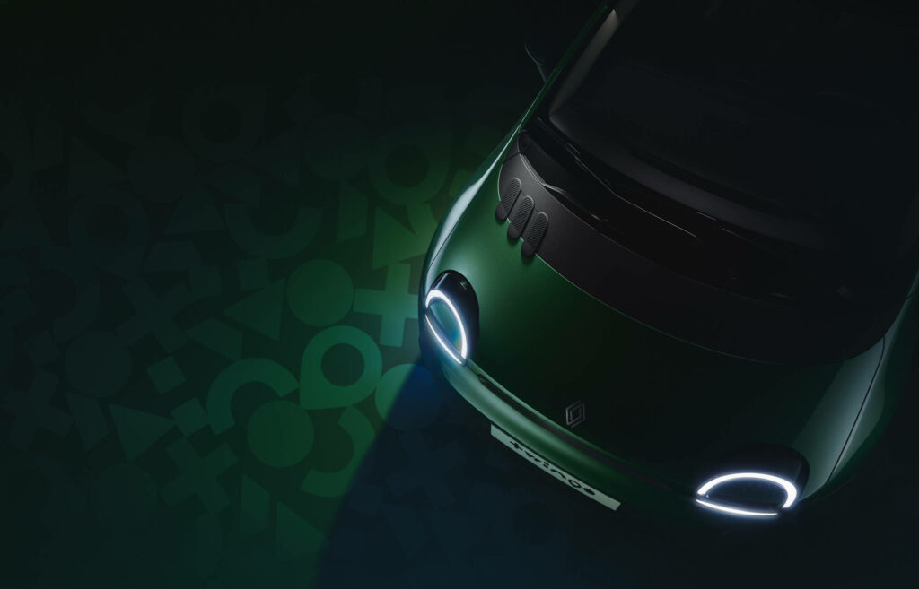 Vue plongeante de la Twingo E-Tech electric, phares allumés, émergeant d’un fond graphique abstrait.