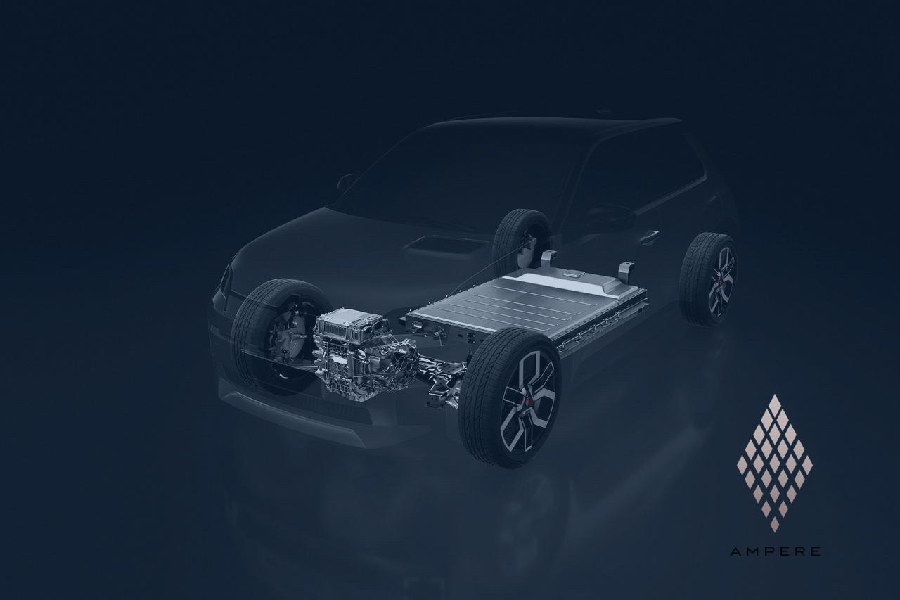 Plateforme électrique Ampere avec batterie et moteur visibles, sur fond bleu, illustrant la maîtrise technologique et la souveraineté cognitive.