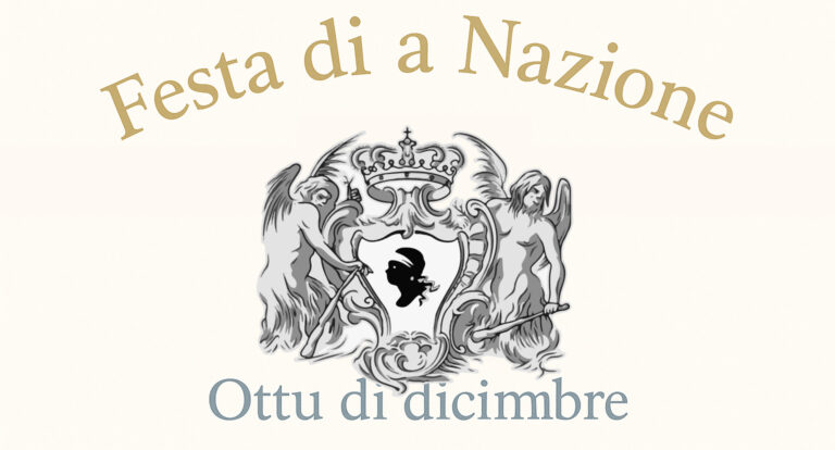 Illustration épurée du blason paolien stylisé, encadré par deux génies ailés, avec le titre ‘Festa di a Nazione’ et la date ‘Ottu di dicembre’.