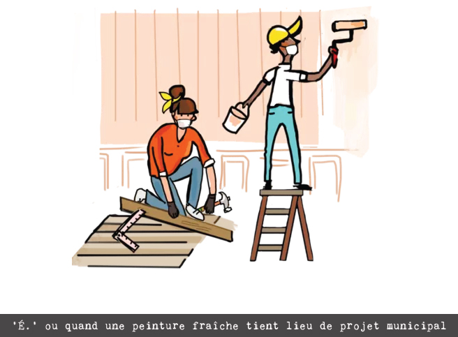 Illustration montrant deux ouvriers rénovant une pièce, symbole d’une commune qui privilégie la peinture visible à un projet de fond.