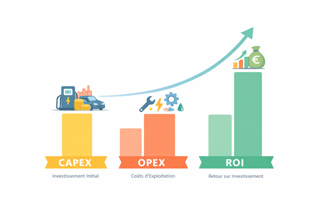 Schéma illustrant la relation entre CAPEX, OPEX et ROI dans une infrastructure de recharge électrique, montrant comment les coûts d’investissement et d’exploitation conditionnent le retour économique.