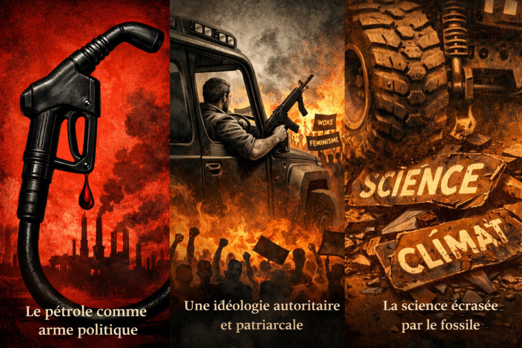 Illustration militante montrant un véhicule surélevé armé, associé à une foule en colère et à des slogans anti-woke, symbolisant la violence idéologique du carbofascisme contre la science, l’égalité et les mouvements progressistes