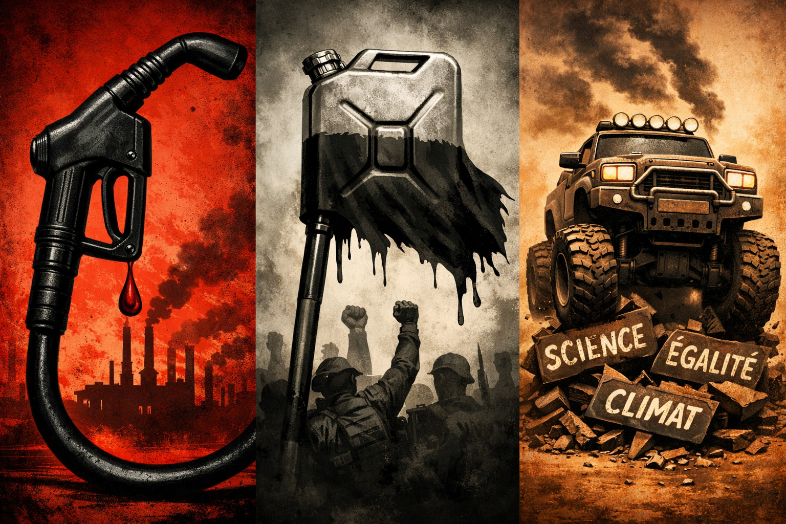 Triptyque militant illustrant le carbofascisme : une pompe à essence transformée en matraque, un bidon de pétrole devenu drapeau idéologique, et un 4x4 écrasant les mots “science”, “égalité” et “climat