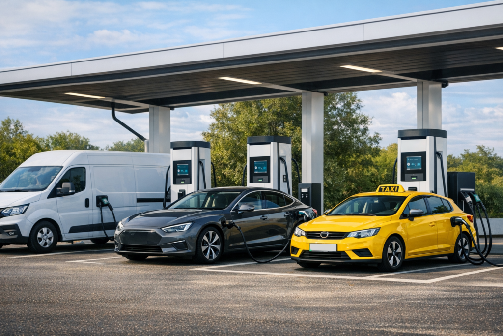 Station de recharge rapide accueillant simultanément un utilitaire, une berline et un taxi, illustrant la diversité des usages et les arbitrages de puissance sur un même site.