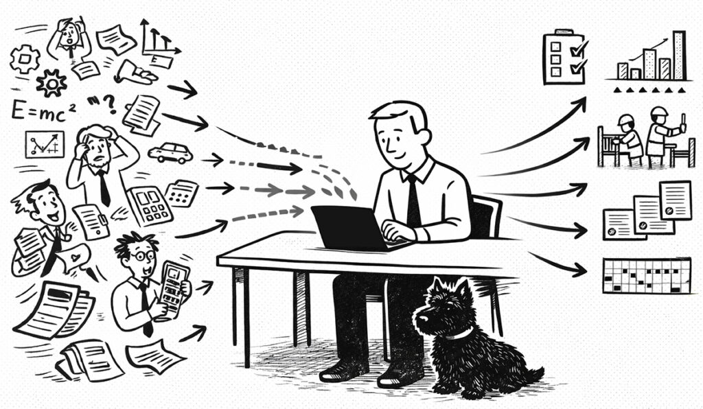 Illustration montrant un flux d’informations désordonnées transformé en décisions claires et en actions mises en œuvre, sous l’effet d’un travail de structuration central.