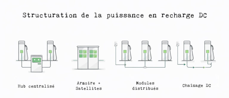 Schéma comparatif de quatre architectures de structuration de la puissance en recharge DC : hub centralisé, armoire avec satellites, modules distribués et chaînage DC