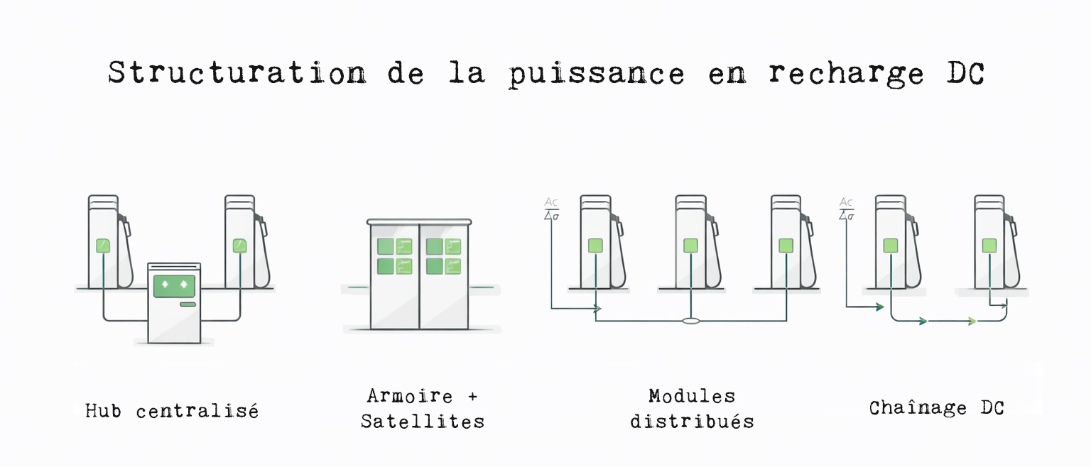Schéma comparatif de quatre architectures de structuration de la puissance en recharge DC : hub centralisé, armoire avec satellites, modules distribués et chaînage DC