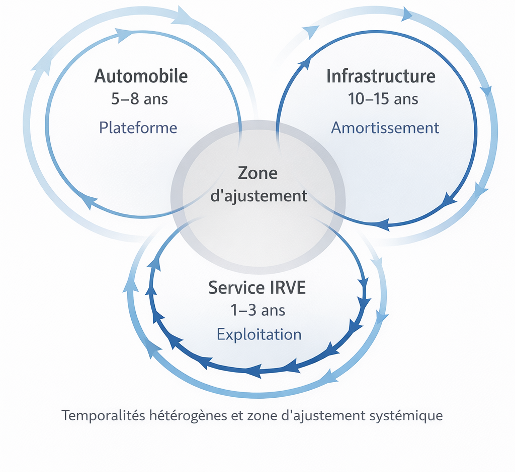 Diagramme de Venn montrant les temporalités hétérogènes de l’industrie automobile (5–8 ans), de l’infrastructure IRVE (10–15 ans) et du service IRVE (1–3 ans), avec une zone centrale d’ajustement systémique.