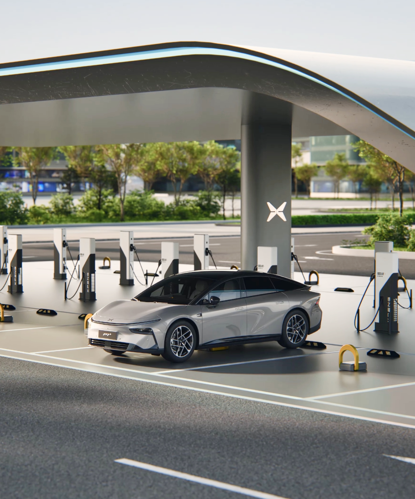 Station XPeng Charging multi-points, réseau propriétaire haute puissance, rendu de site