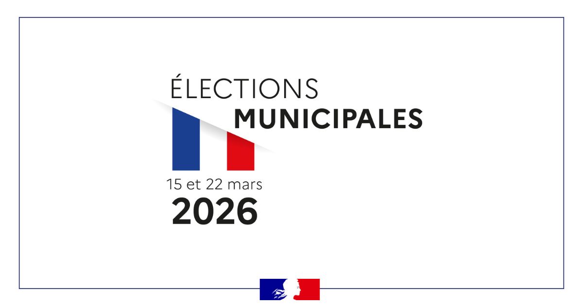 Visuel institutionnel annonçant les élections municipales françaises des 15 et 22 mars 2026 avec un drapeau tricolore stylisé.