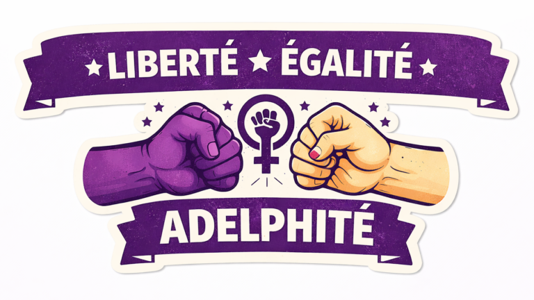 Sticker militant violet avec l’inscription “Liberté ★ Égalité ★ Adelphité” et deux poings, l’un féminin et l’autre masculin, se rejoignant en signe d’unité.