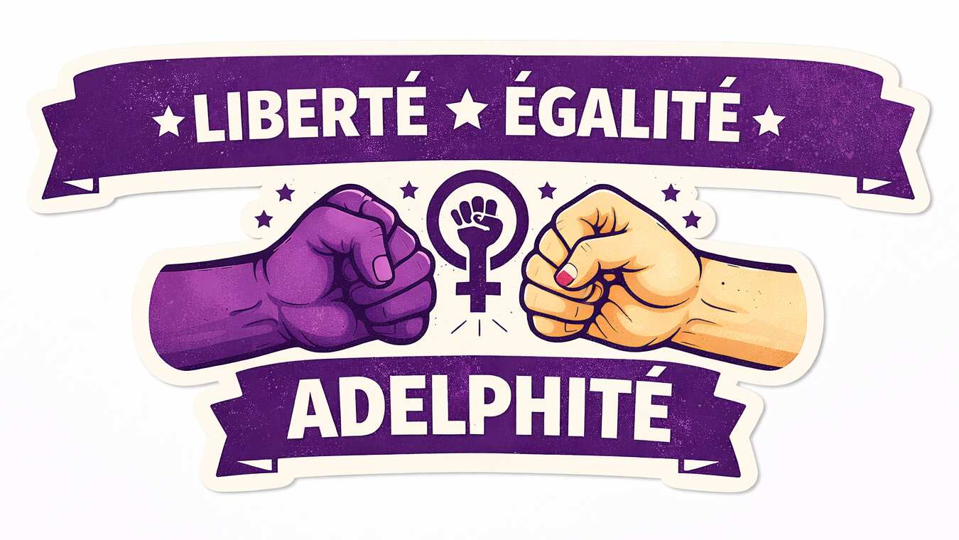 Sticker militant violet avec l’inscription “Liberté ★ Égalité ★ Adelphité” et deux poings, l’un féminin et l’autre masculin, se rejoignant en signe d’unité.